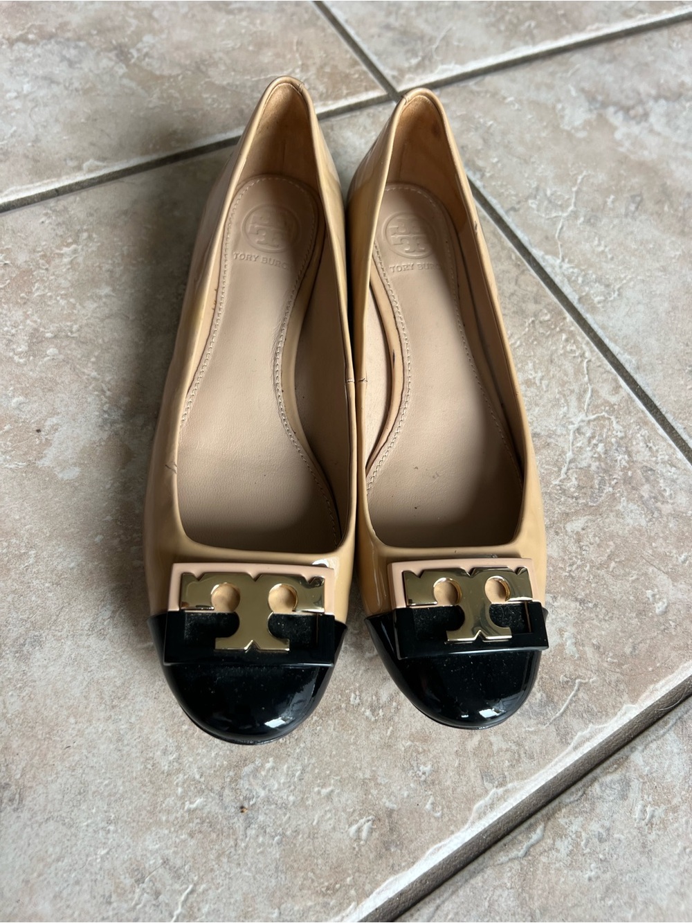 Tory Burch Tan Leather Flats with Black Patent Cap and Gold Logo